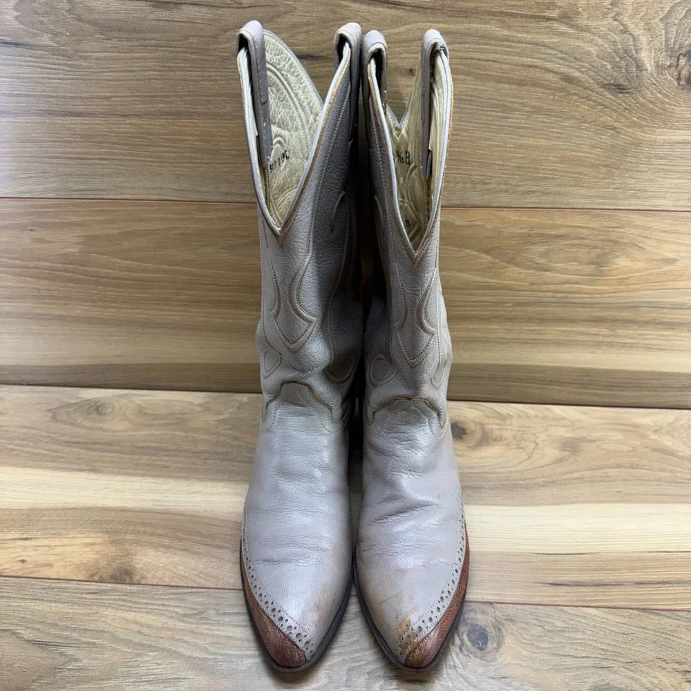 HONDO BOOTS Vintage Boots Womens 6.5 B Grey Greige Toe Overlay Rand Lizard
